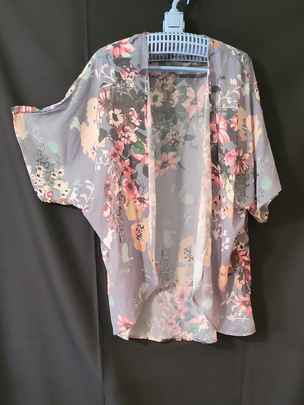 Floral Sheer Kimono Cardigan - Gray with Pink & Cream Flowers